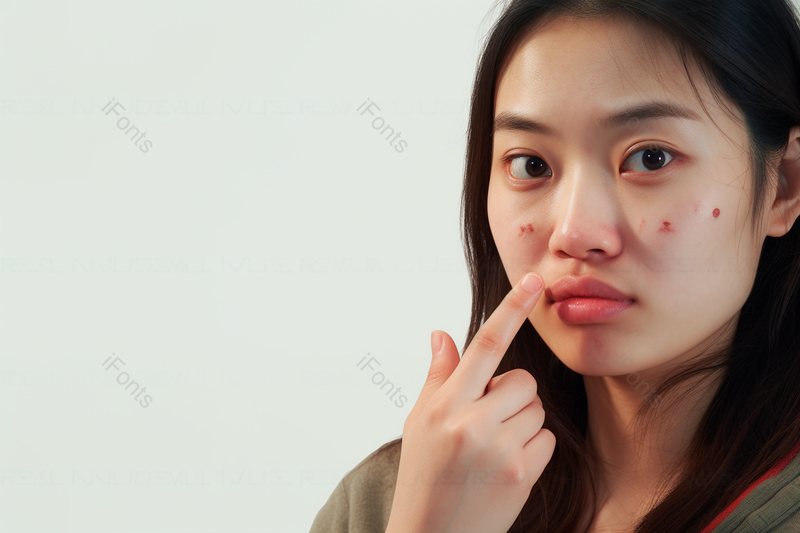 白色背景被问题肌肤困恼的年轻女性清晰的摄影图高清的图片,高清,摄影图,摄影图片,图片大全,摄影图免费下载